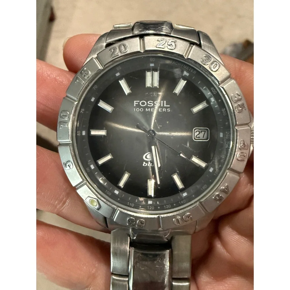 Fossil Blue AM-3690 Mens Watch Stainless‎ Steel Black Dial 100M Water Resistant